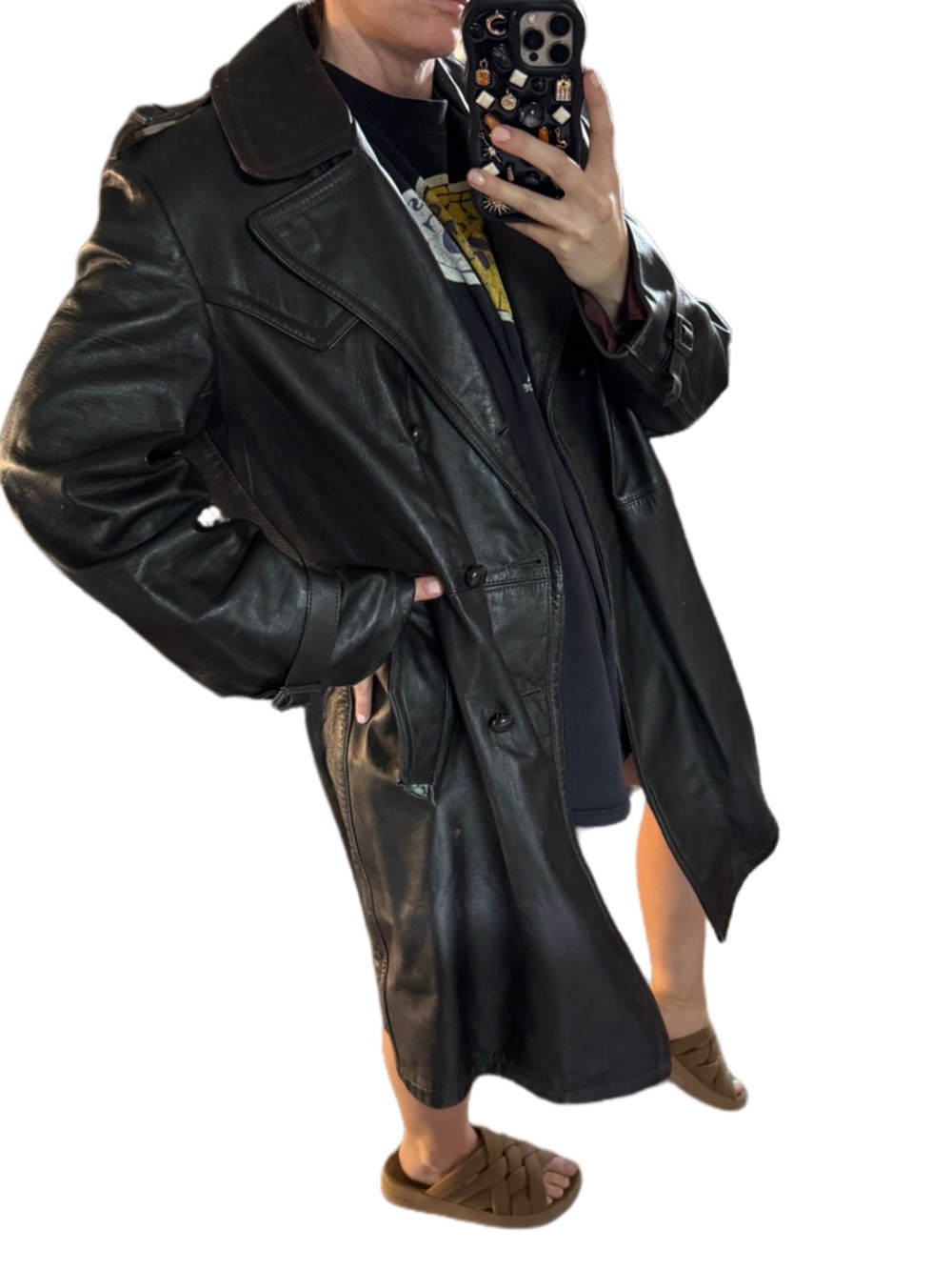 UK Vintage Women’s Black 100% soft Leather Trench Coat with Red Lining oversized